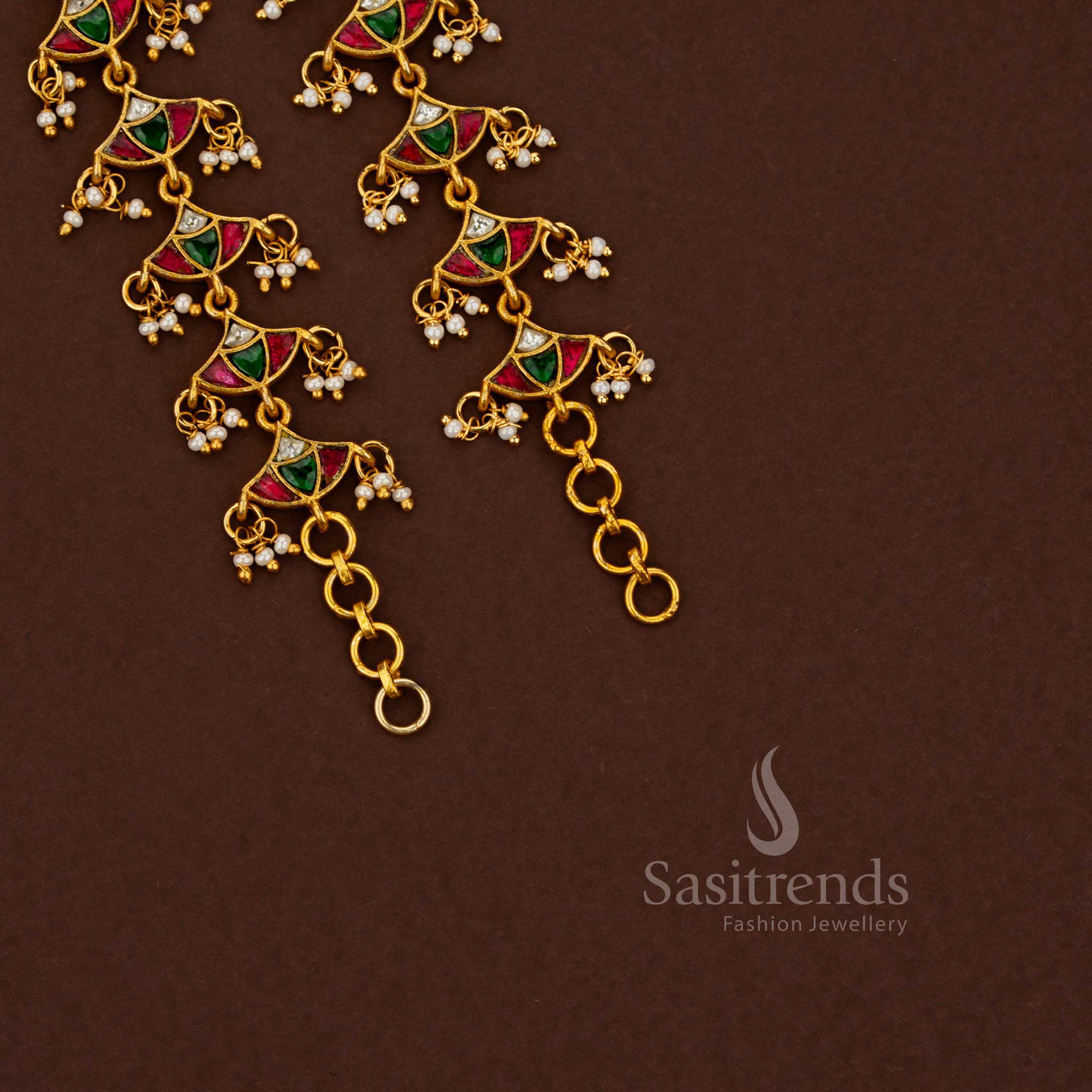 Royal jadau kundan floral branch pearl matil with multicolour charm great for brides and traditional family functions – Sasitrends