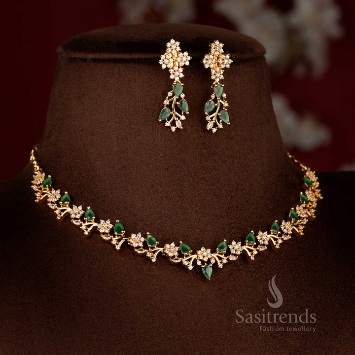 Splendid micro gold plated American diamond floral necklace set in white green tone ideal for grand celebrations – Sasitrends