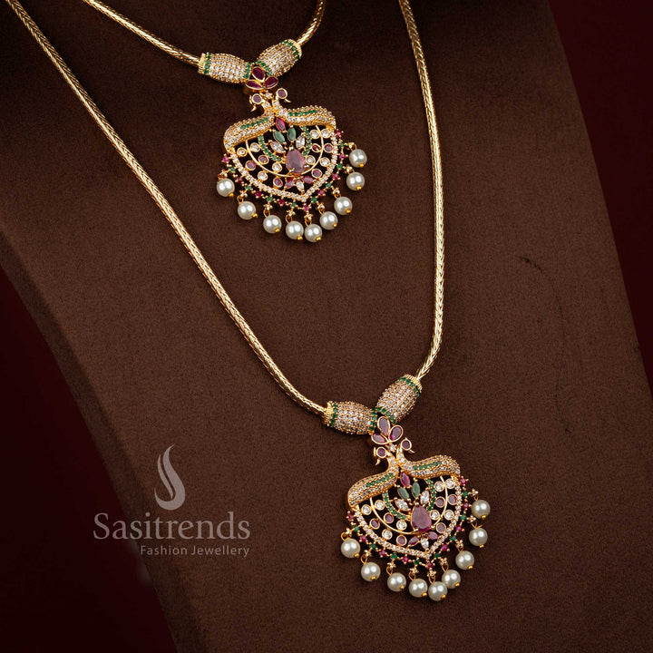Splendid micro gold plated peacock AD chain combo necklace in multicolour brilliance perfect for parties – Sasitrends
