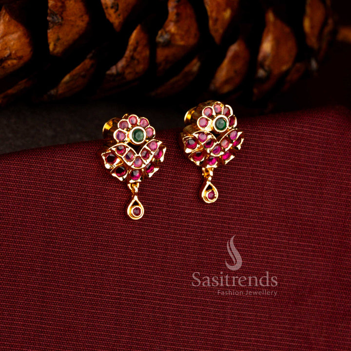 Opulent micro gold earrings in ruby-green showcasing AD floral cascade with sculpted teardrop accent and luminous gold finish – Sasitrends