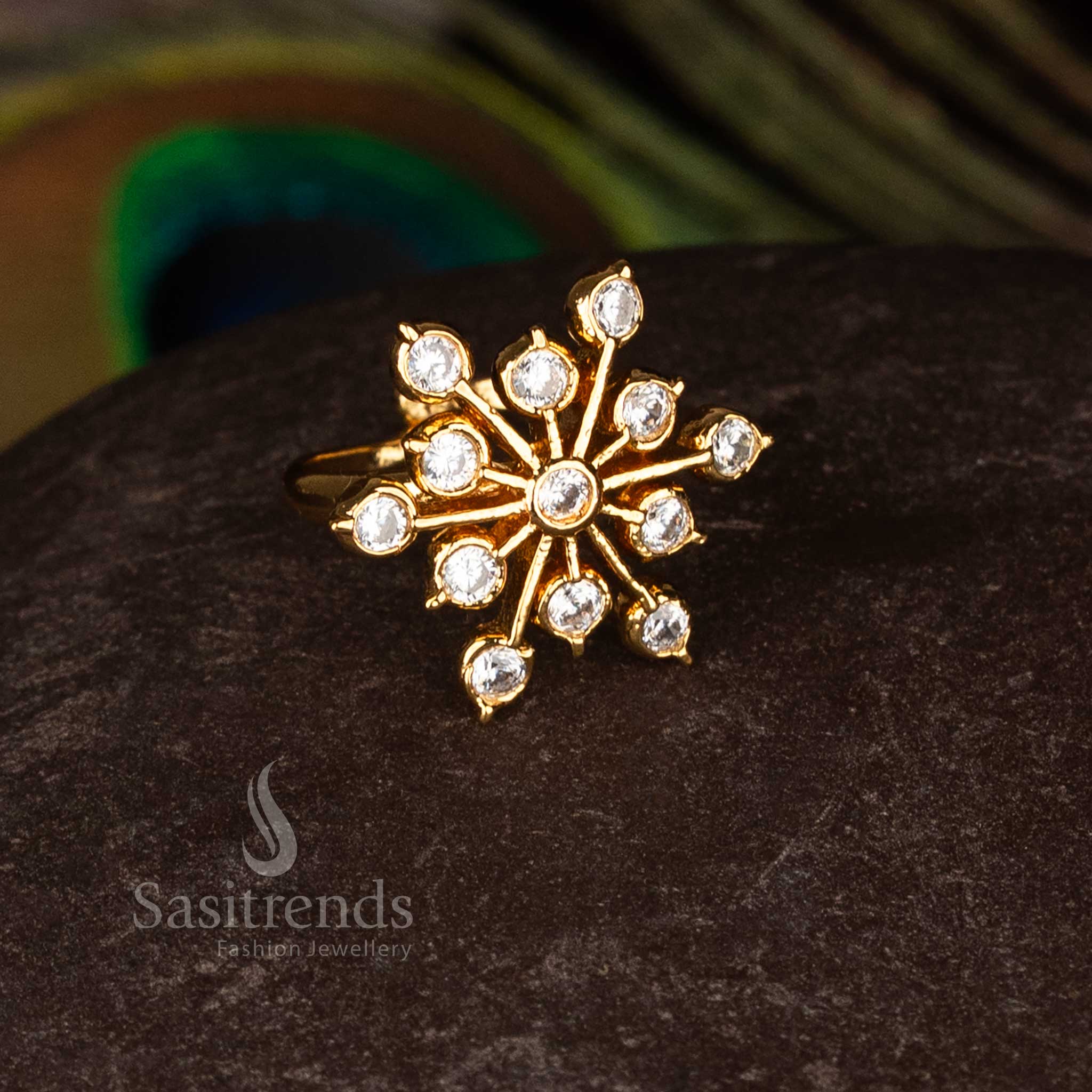 Adjustable Impon Addigai micro gold plated Panchaloha rings with sparkling American Diamond stones for traditional and festive finger wear jewellery – Sasitrends