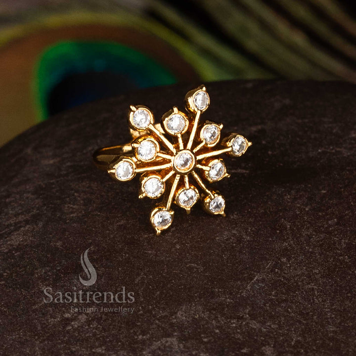 Adjustable Impon Addigai micro gold plated Panchaloha rings with sparkling American Diamond stones for traditional and festive finger wear jewellery – Sasitrends