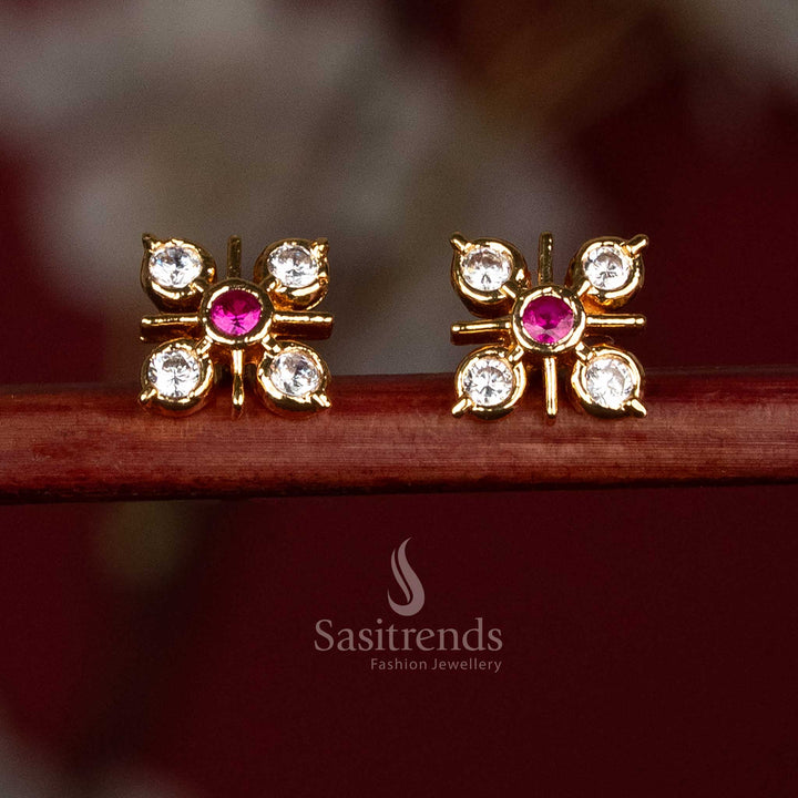 Classic addigai style micro gold plated earrings designed with white ruby square stones, compact floral motif and elegant detailing for traditional ethnic occasions - Sasitrends