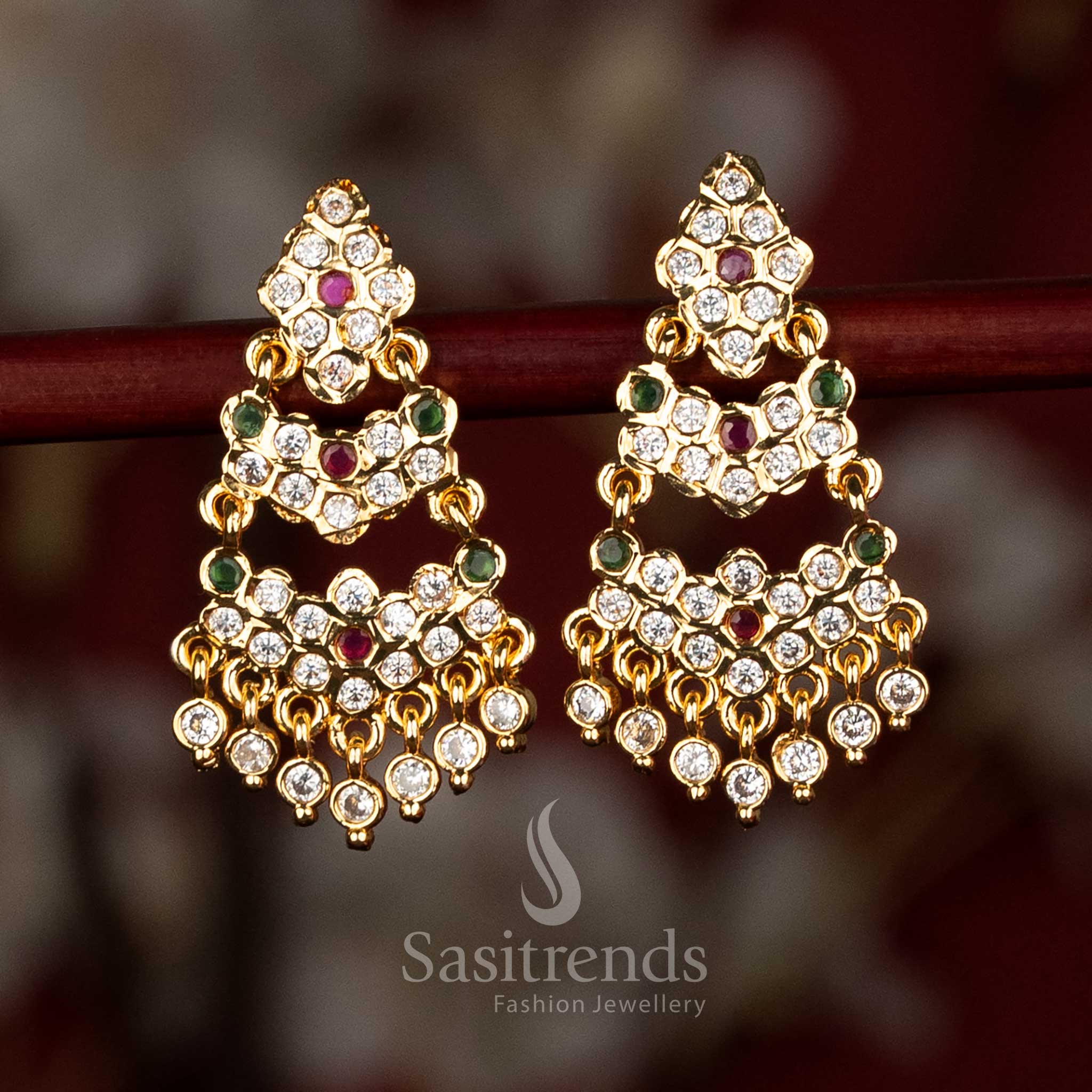 Vibrant impon micro gold plated diamond cut stud earrings with dual layer arch and ad stones multi colour for festive ethnic styling - Sasitrends