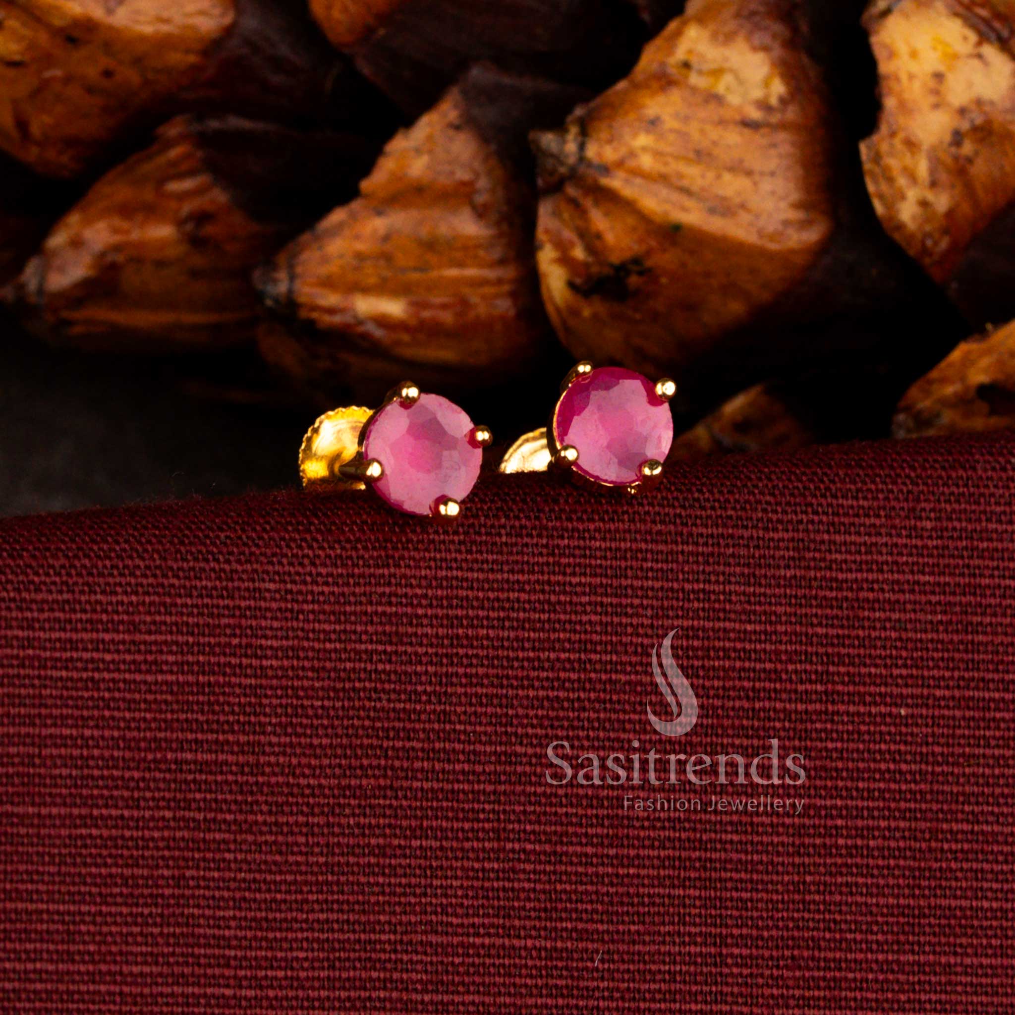 Impon traditional micro gold plated earrings in ruby featuring intricate pearl pavalam accents and secure screw type stud design – Sasitrends