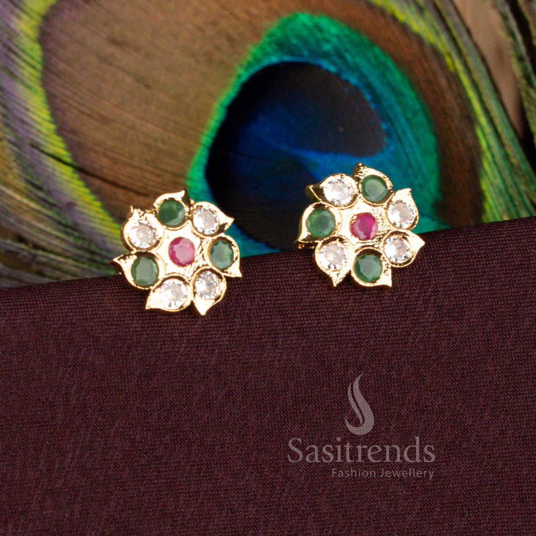 Traditional Multi Color AD Stone Flower Stud Earrings Screw Type Impon Addigai With 24K Carat Pure Gold Plated Finish – Sasitrends
