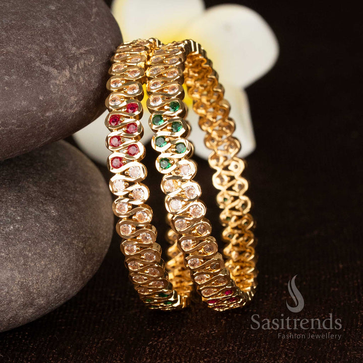 Impon Micro Gold Plated S-Curve Bangle with AD Round Stones for Festive Traditional Wear
