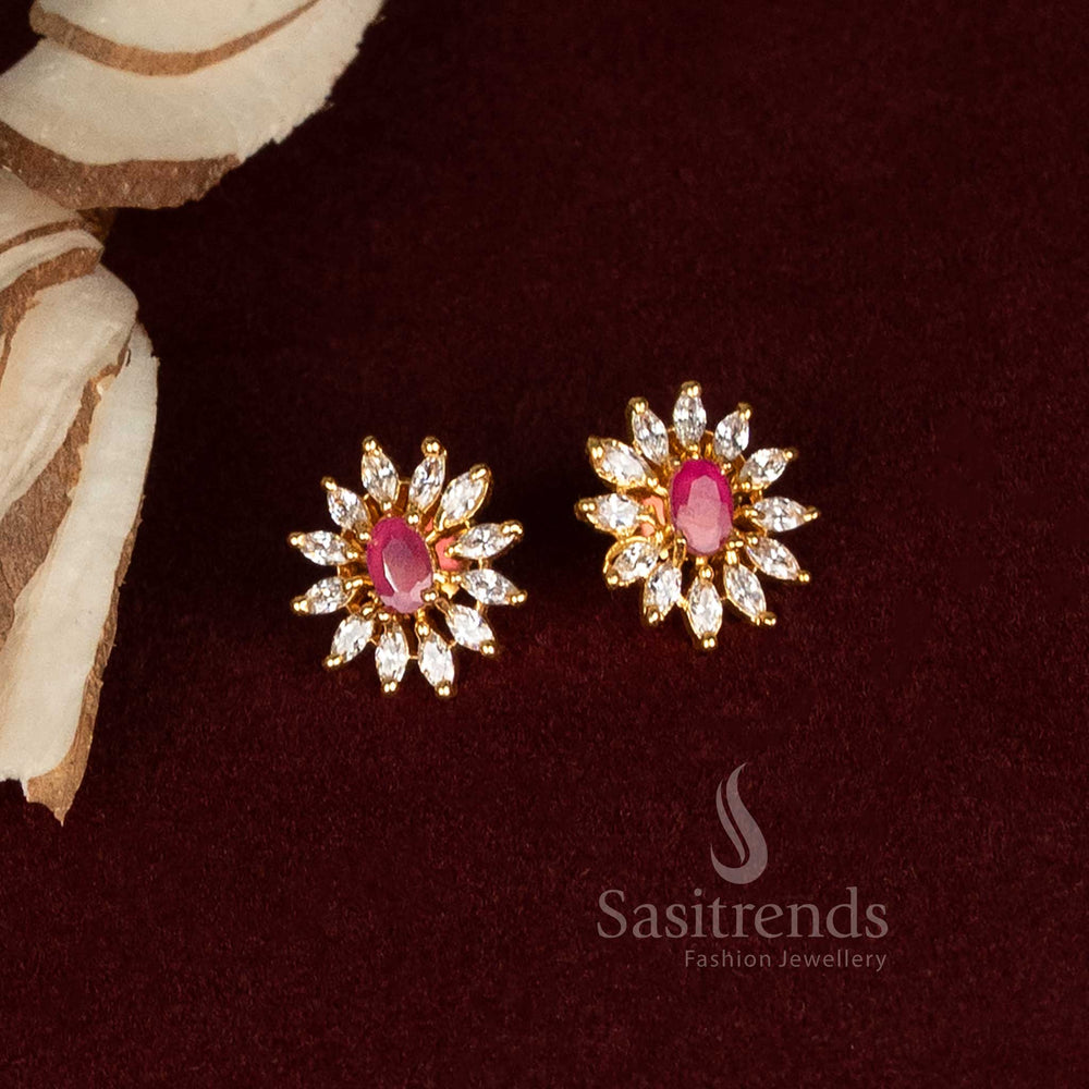 Stunning Flower Design Ruby Stone American Diamond Stud Earrings With Micro Gold Finish And Delicate Petal Craftsmanship – Radiant Party Wear Jewellery For Women – Sasitrends