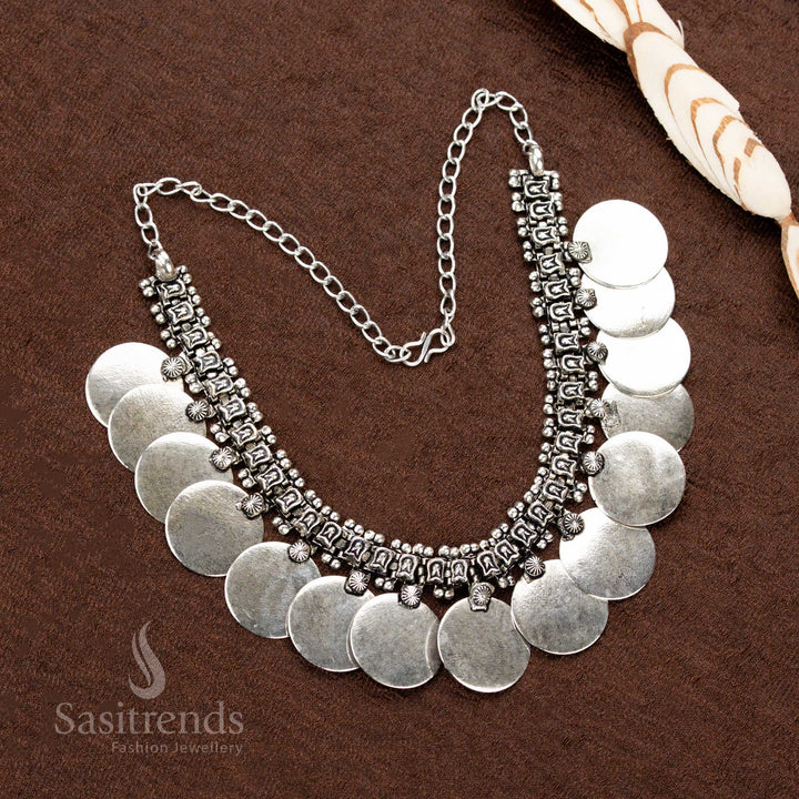 Oxidised Silver Floral Motif Choker Necklace Set with Domed Circular Plates and Antique Ballwork – Perfect for Navaratri and Traditional Styling - Sasitrends