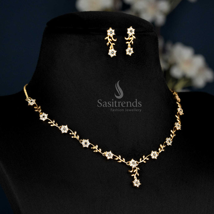 American Diamond Floral Vine Necklace Set with Micro Gold Plating For Grand Parties - Sasitrends
