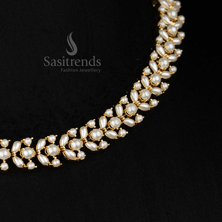 Splendid micro gold plated pearl crescent teardrop and round AD necklace set highlighted with pearl accents for festive occasions-Sasitrends