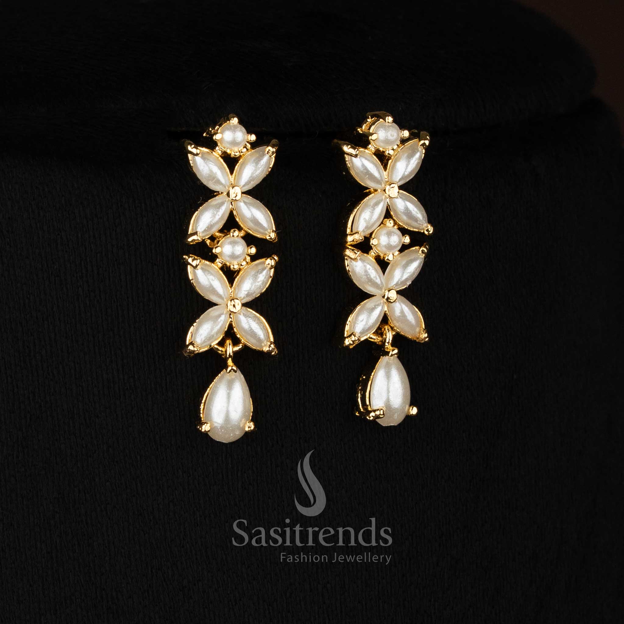 Pure micro gold plated pearl four petal AD floral earrings crafted for elegant party styling and festive jewellery -Sasitrends
