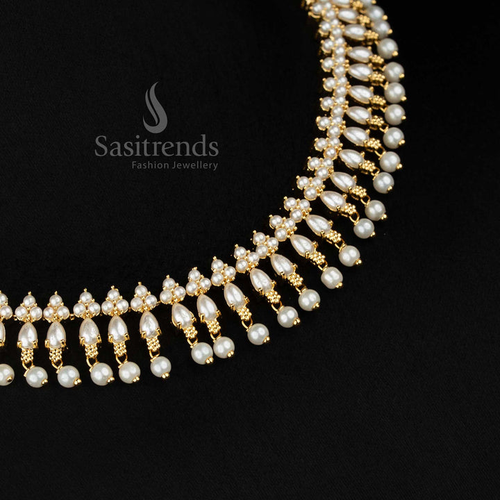 Moonveil inspired micro gold plated triangle pearl teardrop American diamond necklace set enhanced with flowing pearl drops for night events - Sasitrends