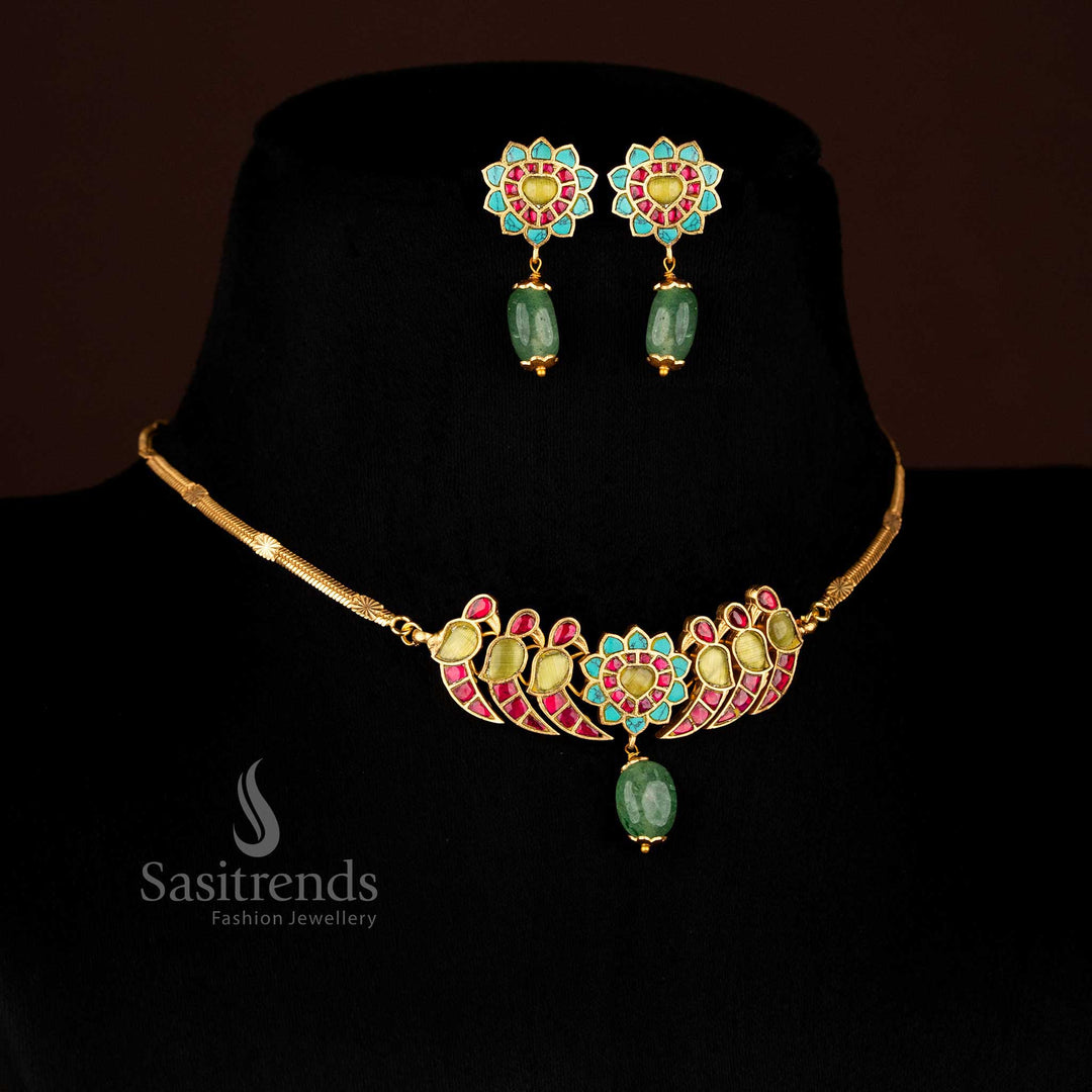 Luminous Jadau 24K gold plated floral necklace featuring multi-coloured accents, a bird motif rectangular plaque, and pearl danglers for festive occasions – Sasitrends