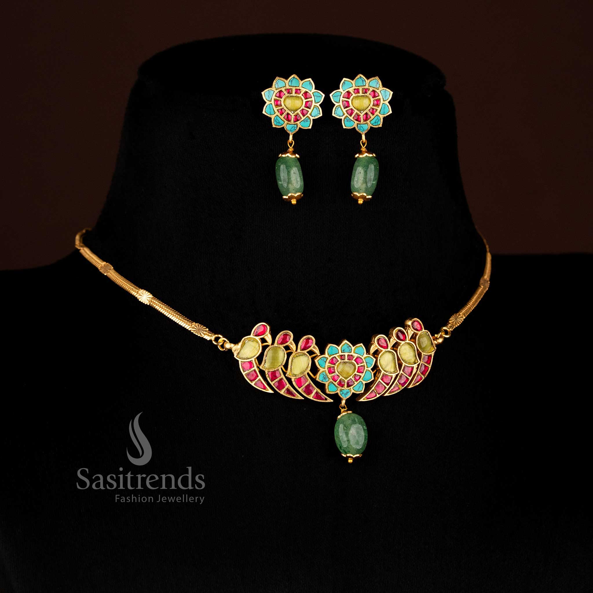 Luminous Jadau 24K gold plated floral necklace featuring multi-coloured accents, a bird motif rectangular plaque, and pearl danglers for festive occasions – Sasitrends