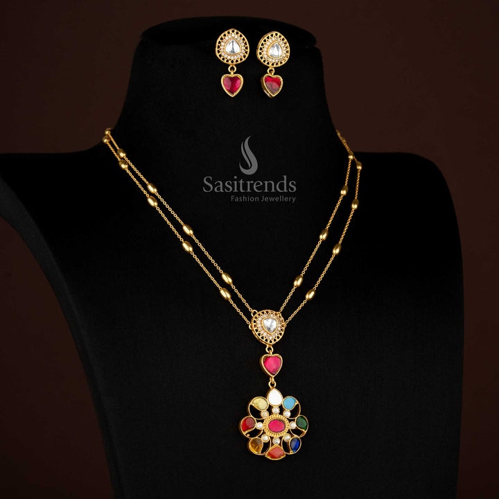 Premium Fashion Jadau 24K gold plated double-layer necklace with heart and floral motifs, ideal for sangeet nights and designer saree styling – Sasitrends