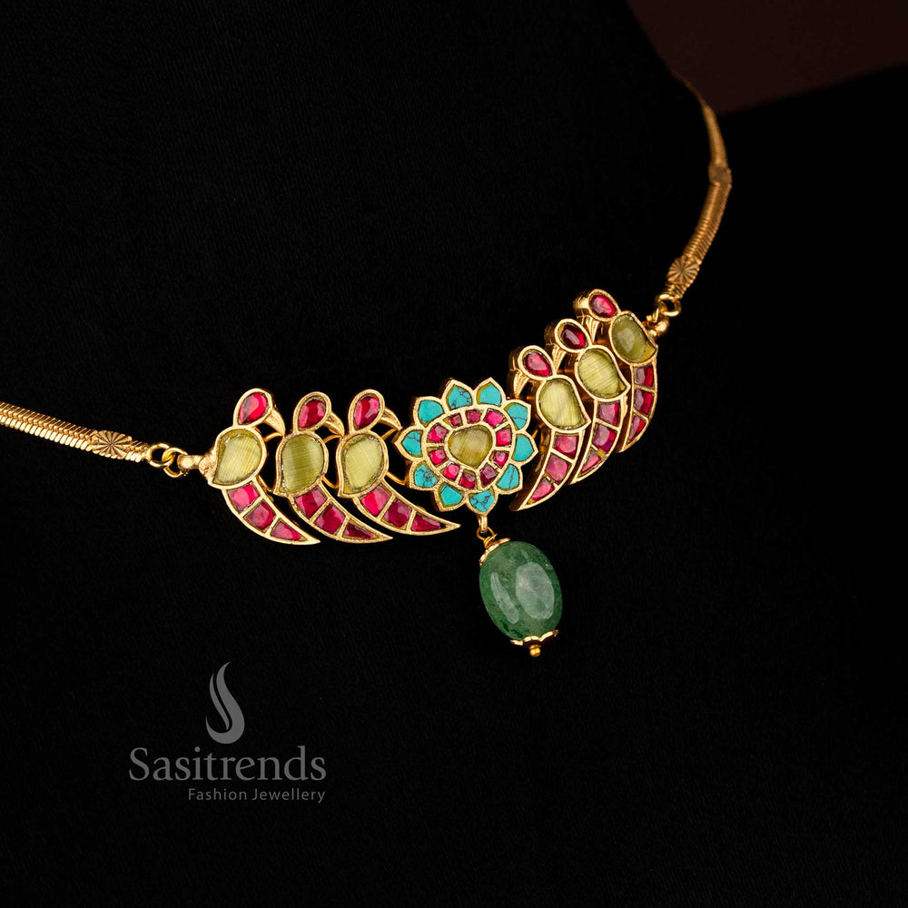 Exquisite Jadau 24K gold plated floral necklace with intricate bird motif rectangular plaque and pearl danglers, ideal for evening and festive wear – Sasitrends