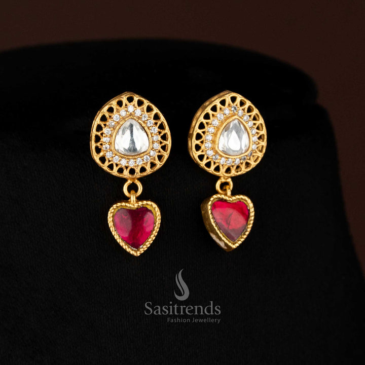 Exquisite Jadau 24K gold plated double-layer Earrings with heart and floral accents, ideal for sangeet celebrations and designer saree looks – Sasitrends