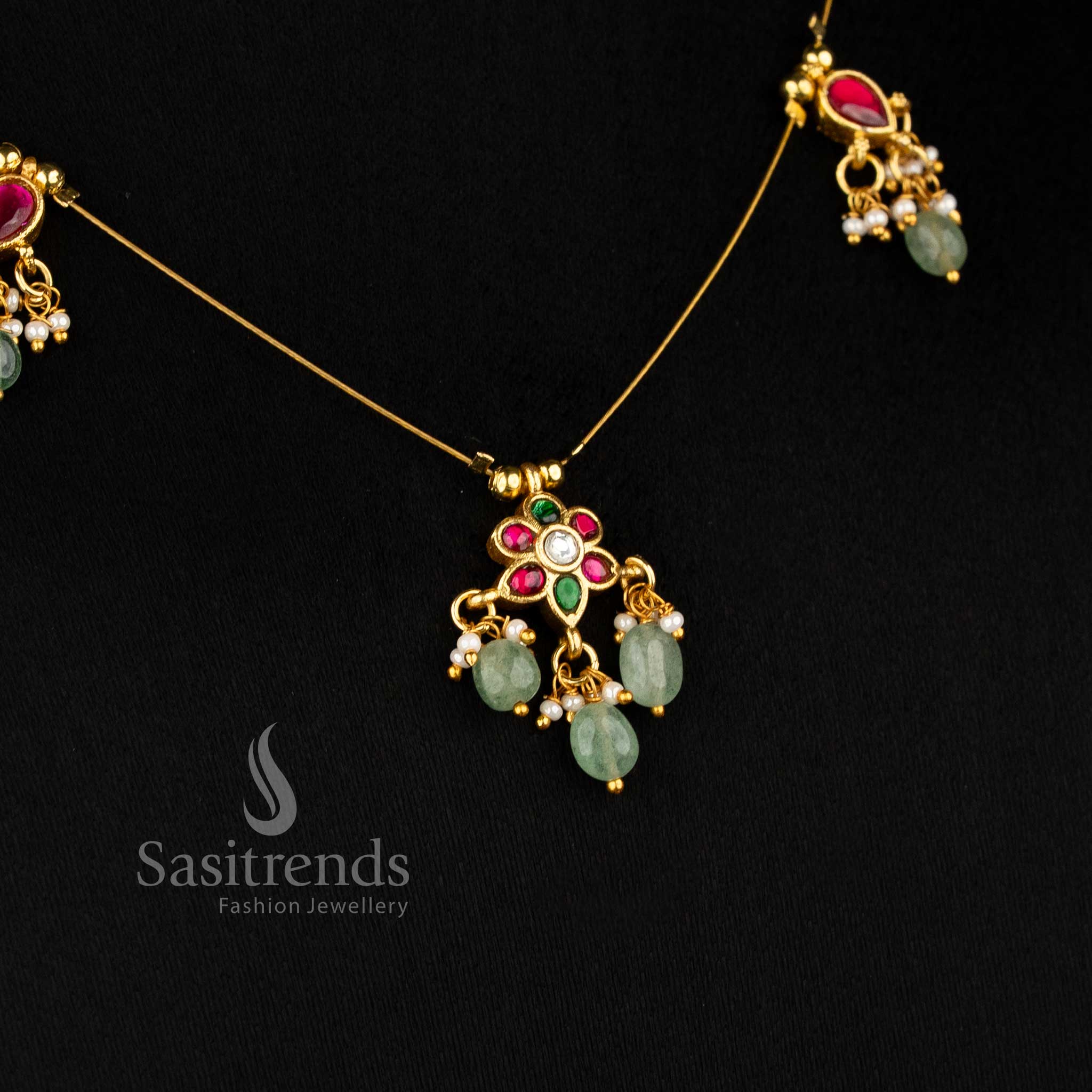Aurora Jadau 24K gold plated invisible chain necklace with delicately crafted motifs and pearl touches, perfect for traditional saree occasions – Sasitrends