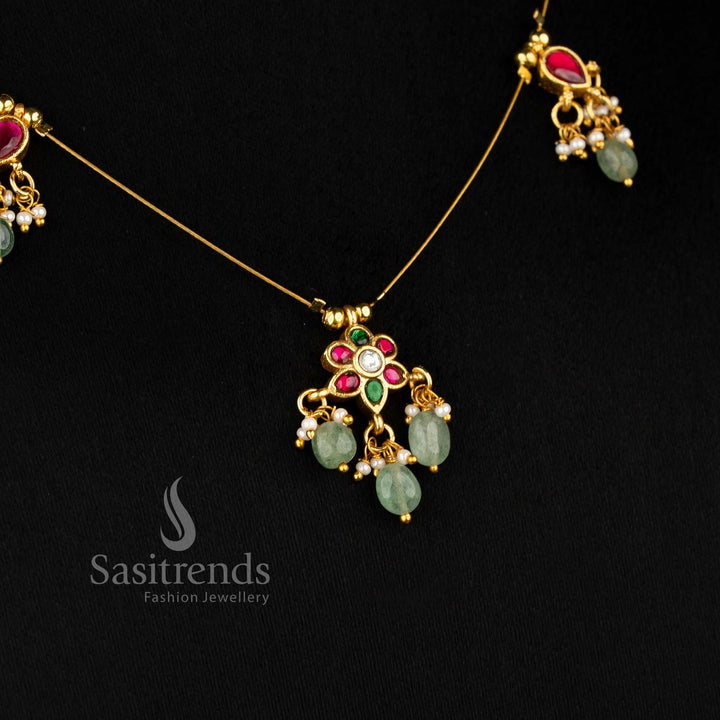 Aurora Jadau 24K gold plated invisible chain necklace with delicately crafted motifs and pearl touches, perfect for traditional saree occasions – Sasitrends