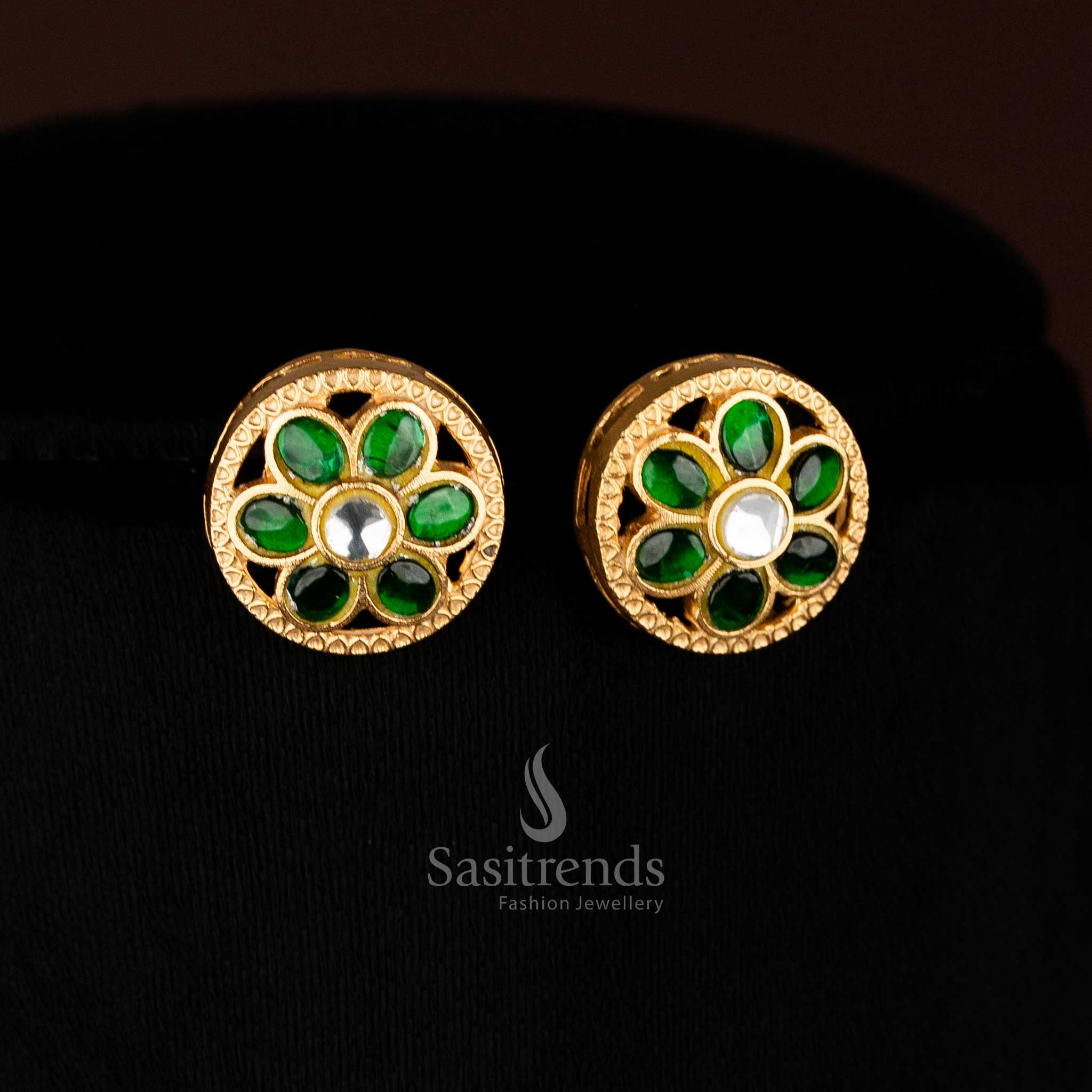Opulent Jadau 24K gold plated round floral earrings with multi-coloured stones, ideal for traditional temple rituals and festive cultural styling – Sasitrends