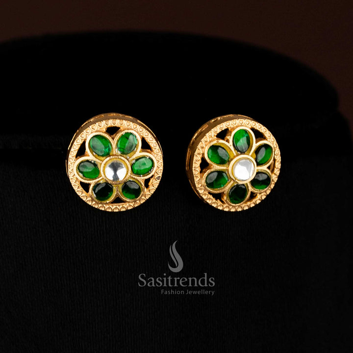 Opulent Jadau 24K gold plated round floral earrings with multi-coloured stones, ideal for traditional temple rituals and festive cultural styling – Sasitrends