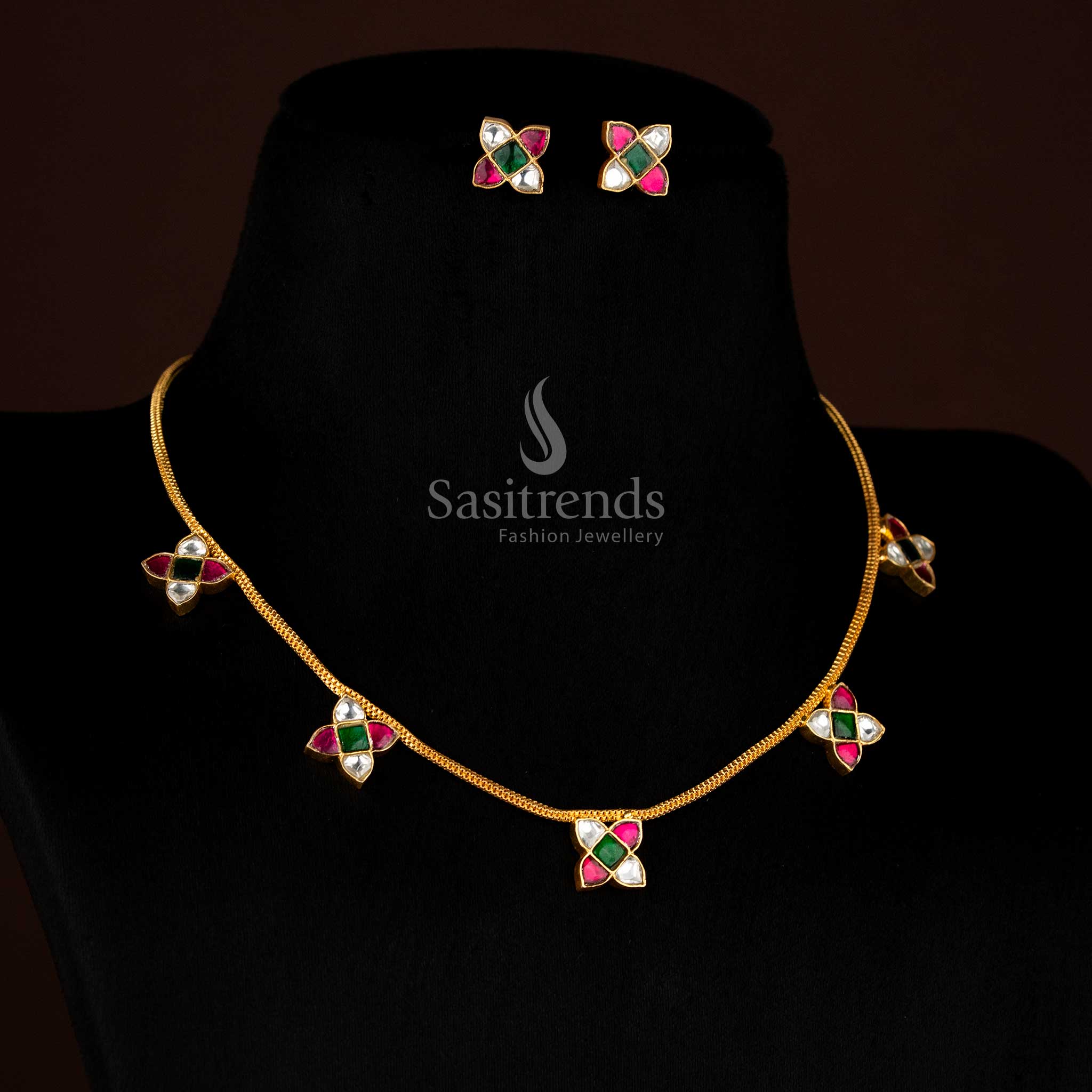 Floral Radiance Jadau 24K gold plated necklace featuring four-petal flower clusters , perfect for weddings and festive celebrations – Sasitrends