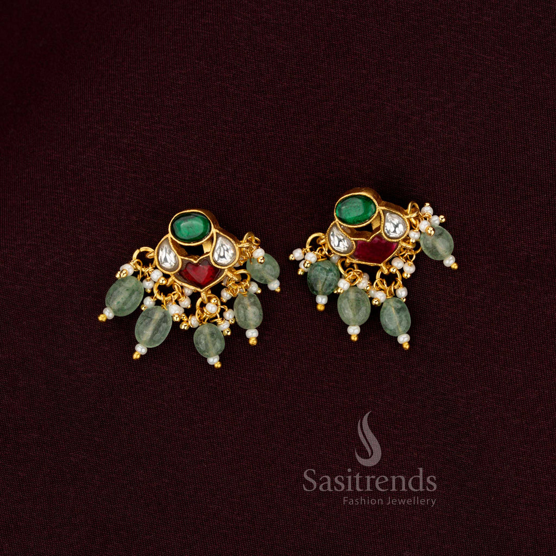 Traditional Multi Color Jadau Bugadi Earrings Chandelier Style With Kundan Green Beads And Pearl Accents By Sasitrends