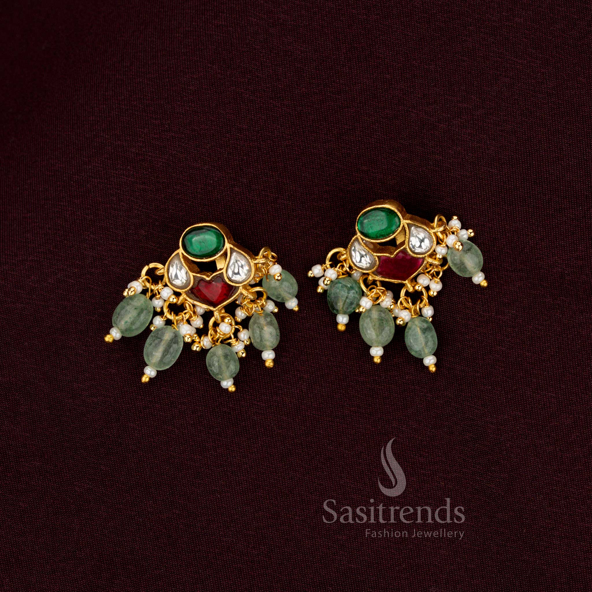 Traditional Multi Color Jadau Bugadi Earrings Chandelier Style With Kundan Green Beads And Pearl Accents By Sasitrends