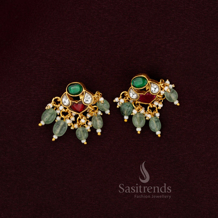 Chandelier Design with Kundan, Green Beads & Pearls - 24K Gold Plated Jadau Bugadi Earrings