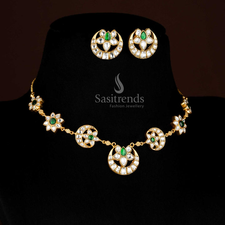 Jadau 24K Gold Plated Crescent Moon with Lotus Floral Necklace Set with Pearl Danglers for Festive Evenings