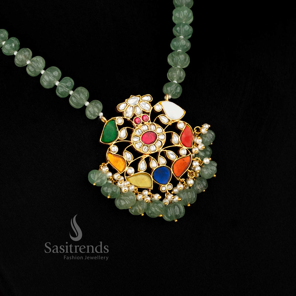 Opulent Bloom Harmony Jadau gold plated floral earrings with faceted green beads and pearl danglers, designed for Navarathna-inspired festive and evening wear – Sasitrends