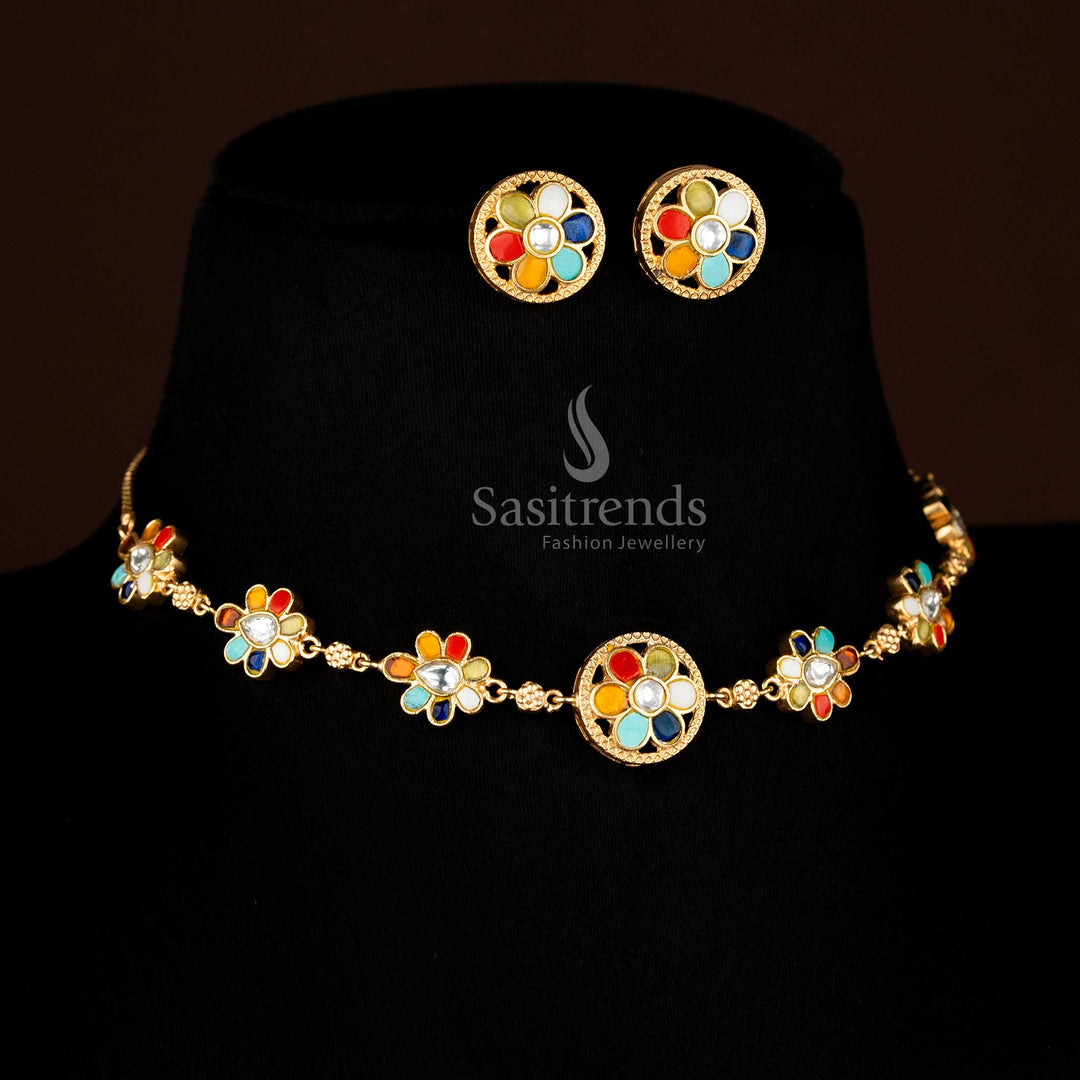 Radiant Jadau 24K gold plated round floral necklace adorned with Navarathna gemstones, perfect for temple ceremonies and cultural festivities – Sasitrends