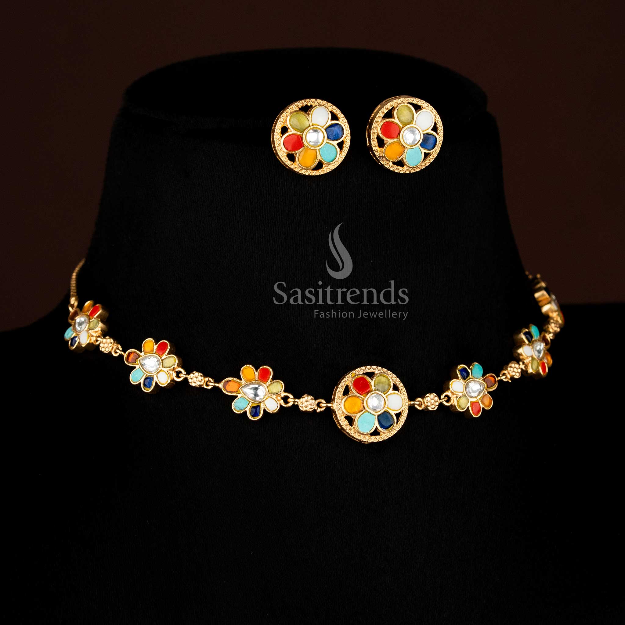 Radiant Jadau 24K gold plated round floral necklace adorned with Navarathna gemstones, perfect for temple ceremonies and cultural festivities – Sasitrends