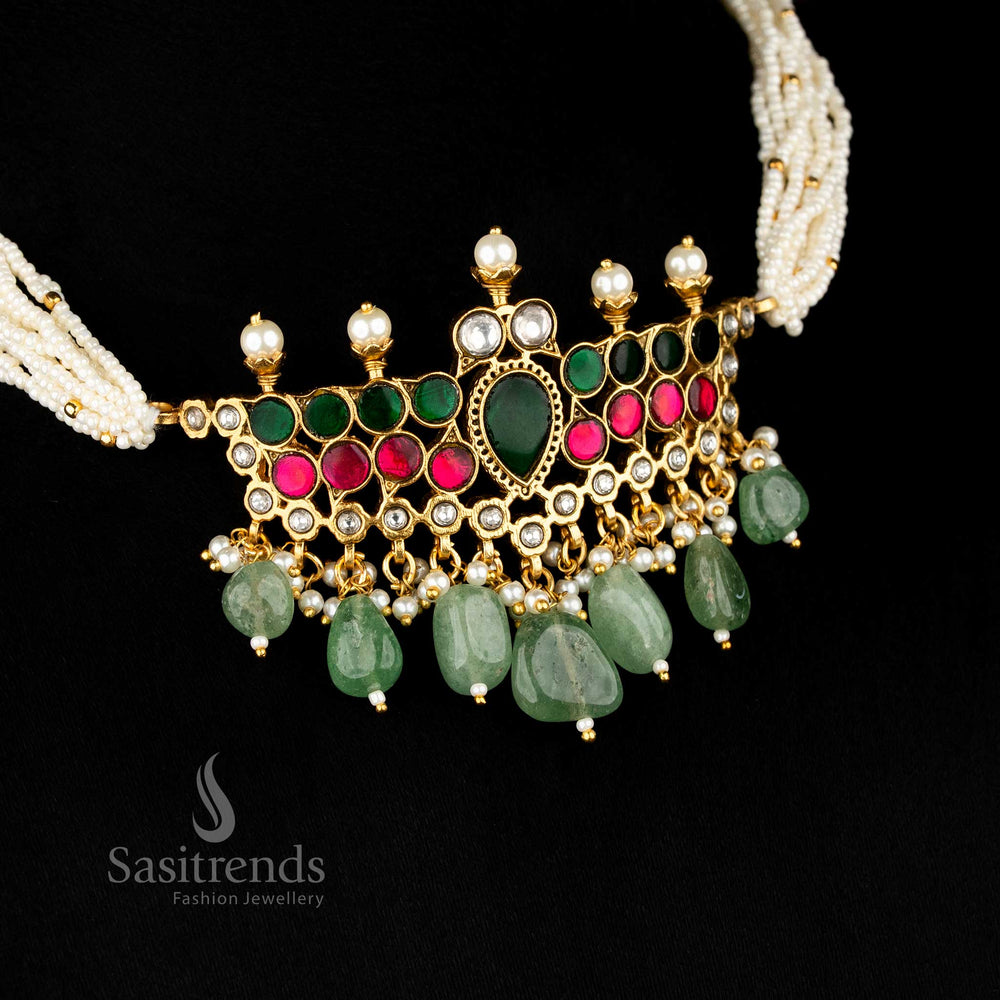 Celestial Jadau gold plated pearl choker with delicate teardrop stone danglers, designed for elegant evening functions and vibrant festive celebrations – Sasitrends
