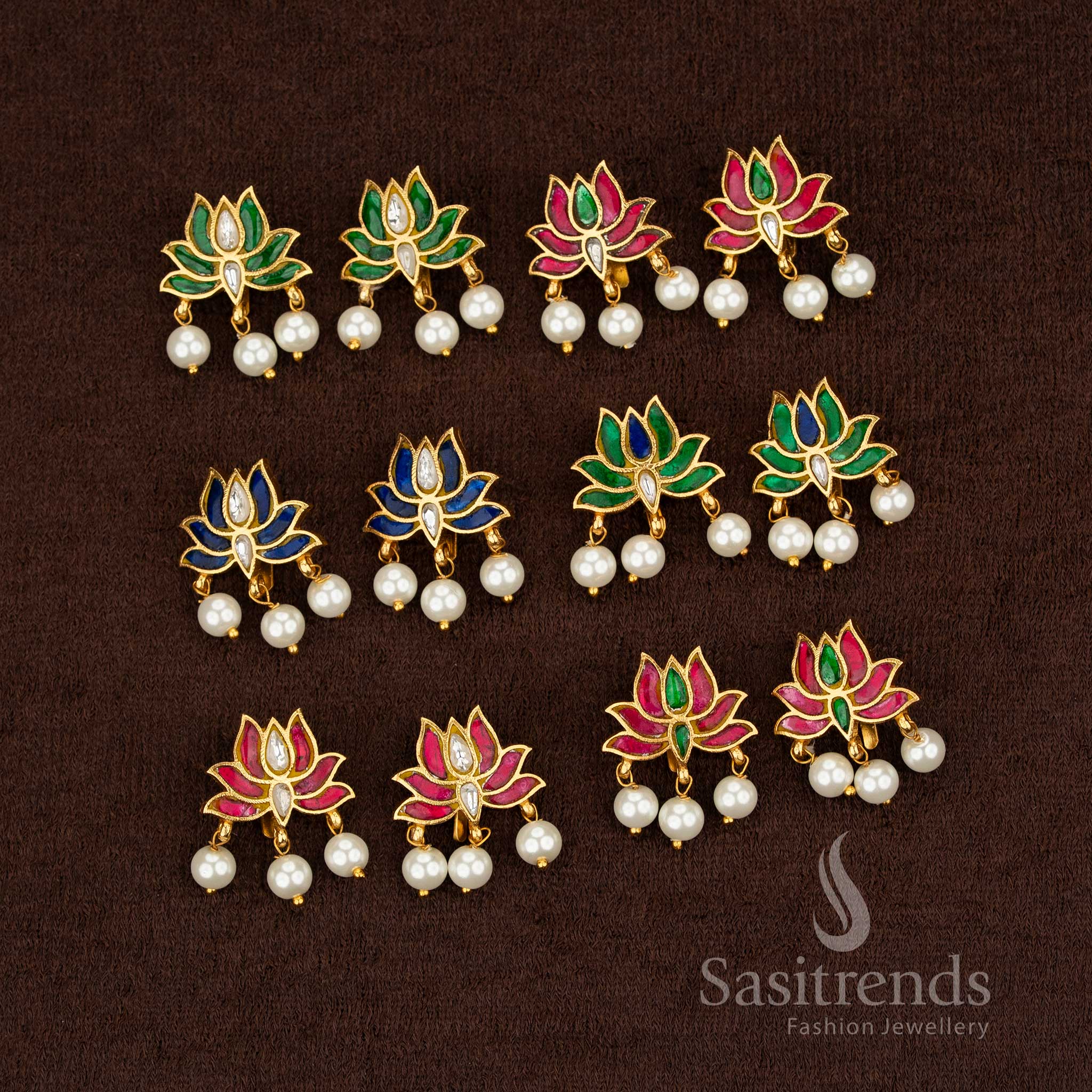 Serene 24K Jadau gold plated lotus Kundan pearl bugadi ear cuff earrings ideal for festive traditional wear - Sasitrends
