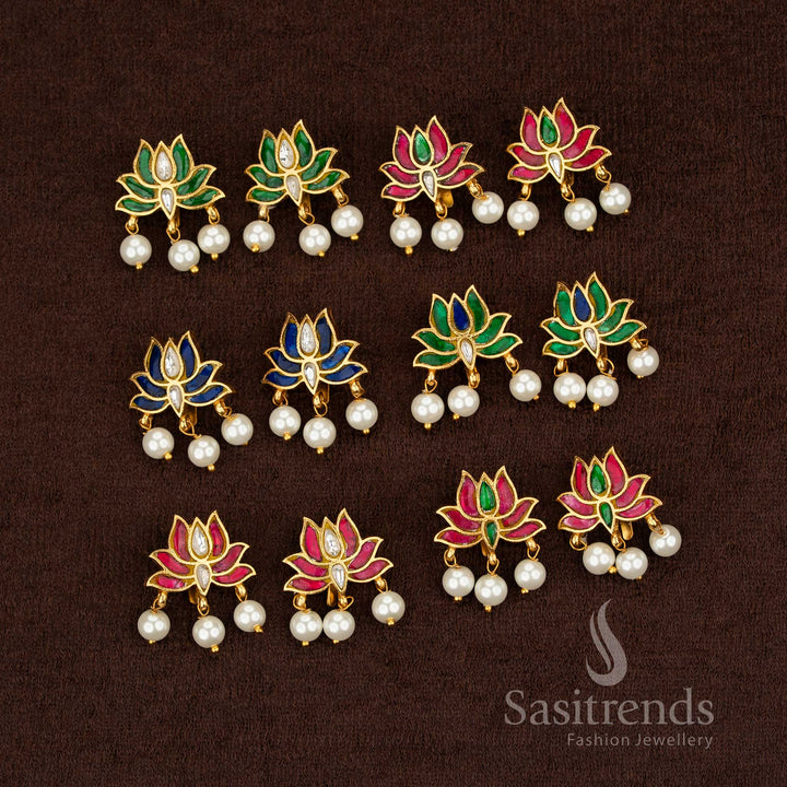Serene 24K Jadau gold plated lotus Kundan pearl bugadi ear cuff earrings ideal for festive traditional wear - Sasitrends