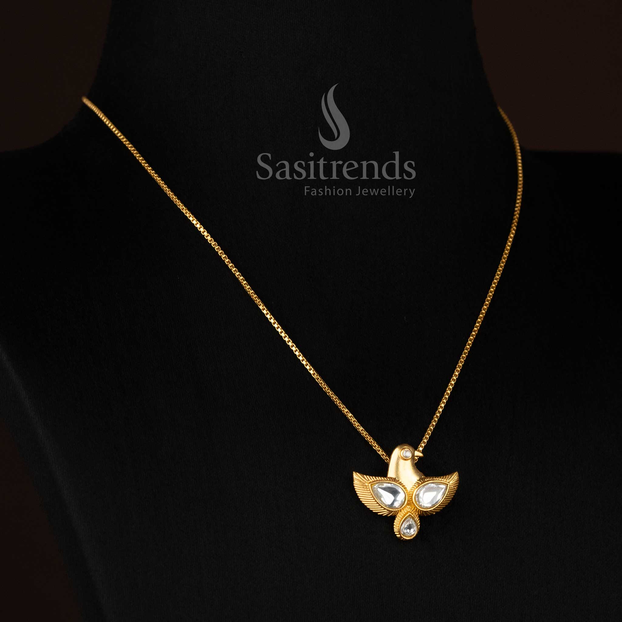 Regal Jadau Kundan 24K gold plated white teen eagle pendant chain necklace perfect for festive celebrations and ceremonial attire -Sasitrends