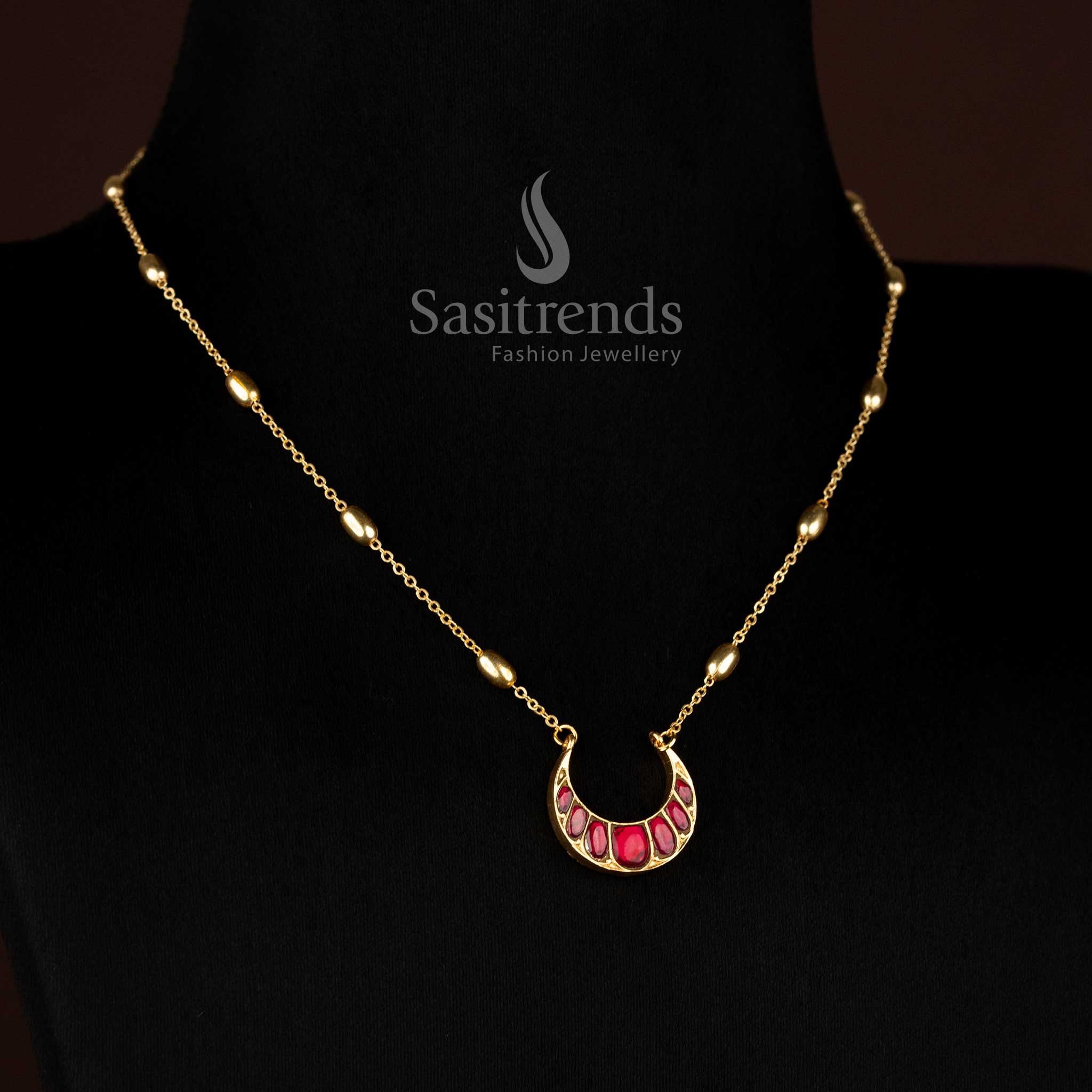 Regal ruby Jadau Kundan 24K gold plated crescent motif necklace crafted for bridal elegance, haldi charm and grand festive saree styling – Sasitrends