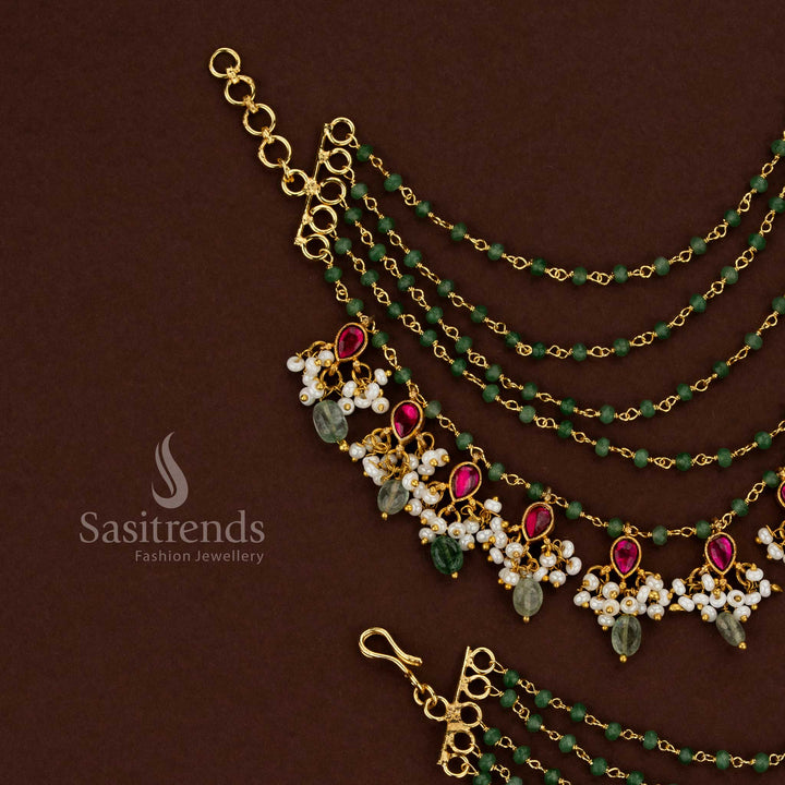 Gold plated Jadau Kundan 5 layer teardrop stone matil adorned with green beads and pearl accents for festive and wedding jewellery – Sasitrends