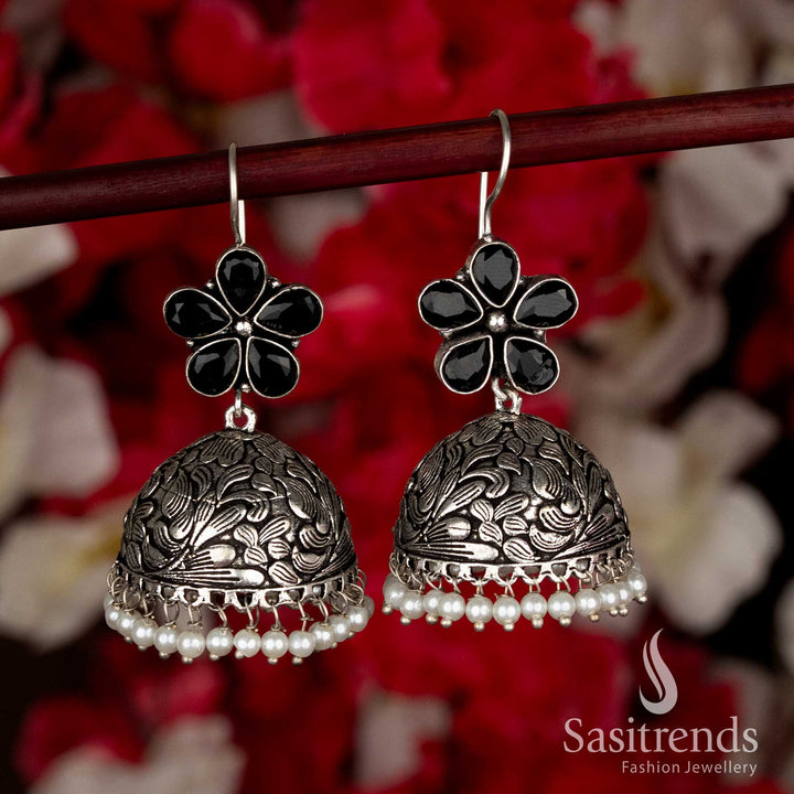 Elegant Black Ethnic Party Oxidised Jhumkas with Pearl Drops Featuring Fish-Hook Closure for Black Saree Navaratri Styling-Sasitrends