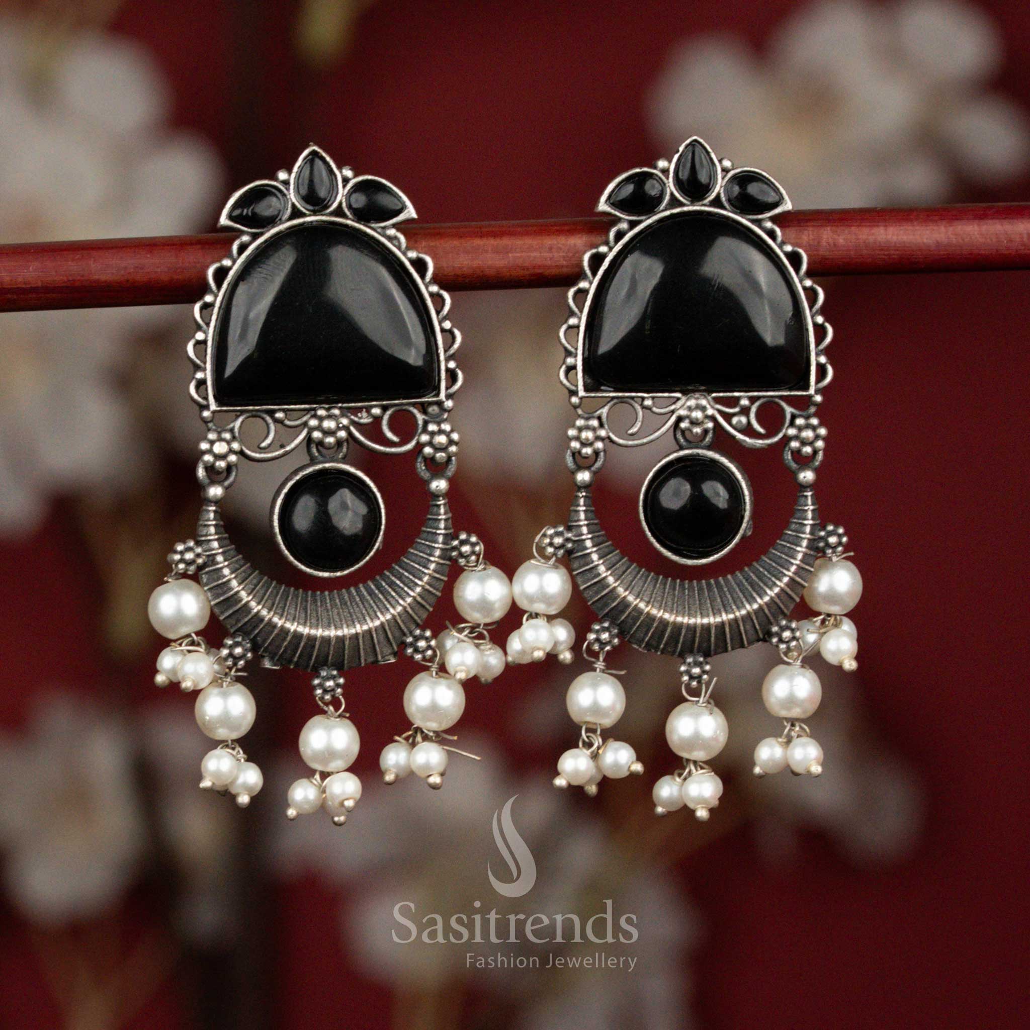 Midnight black antique oxidised silver monalisa arch crescent pearl tassel earrings for party wear - jewellery - Sasitrends