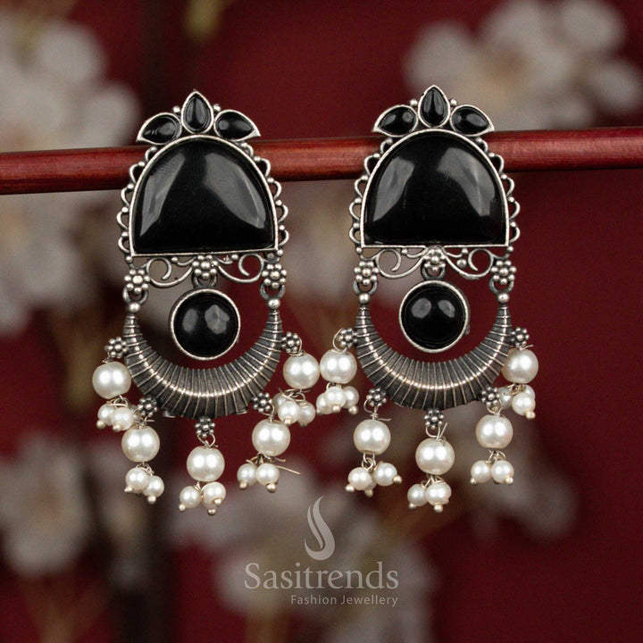 Midnight black antique oxidised silver monalisa arch crescent pearl tassel earrings for party wear - jewellery - Sasitrends