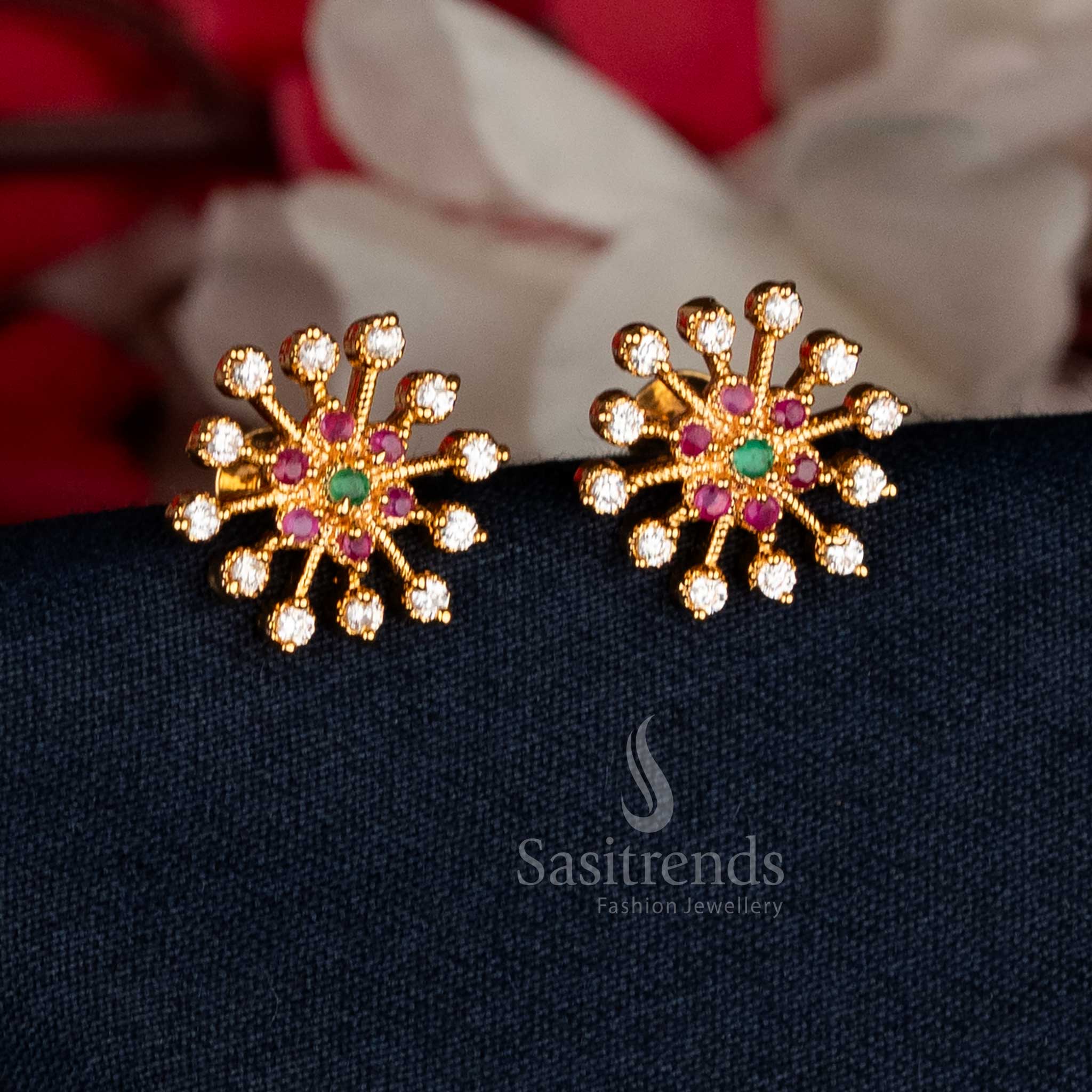 Splendid multi AD stone starburst cluster stud earrings in micro gold with colourful gem arrangement for festive occasions – Sasitrends