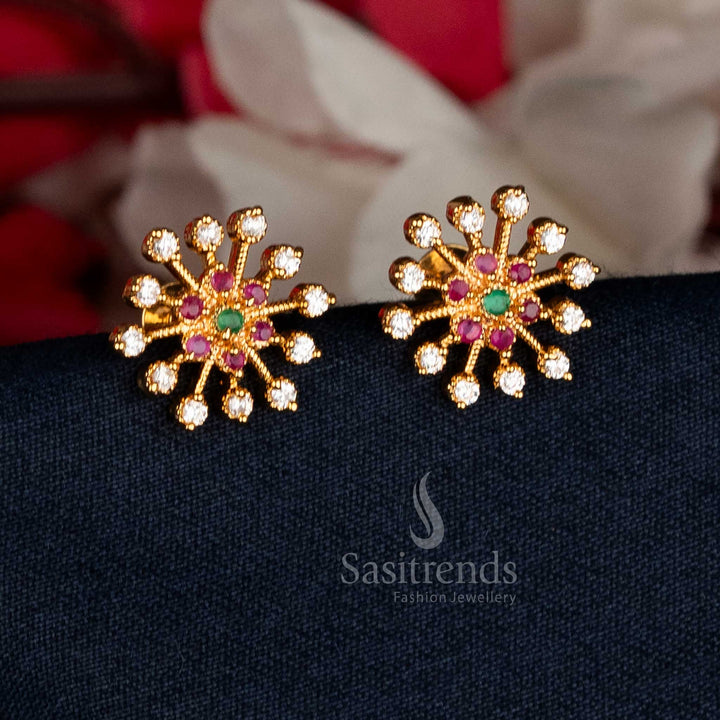 Splendid multi AD stone starburst cluster stud earrings in micro gold with colourful gem arrangement for festive occasions – Sasitrends