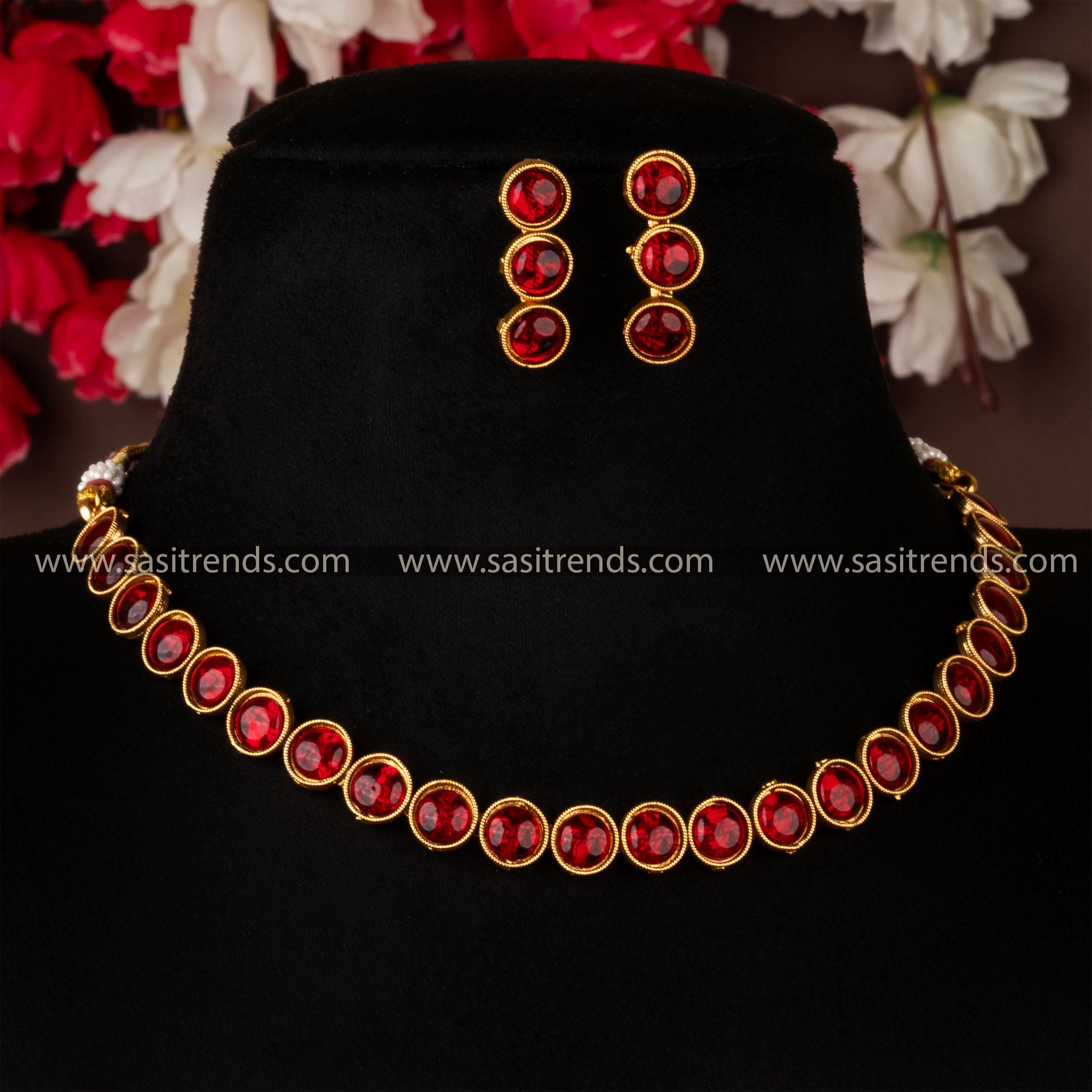 Gold Plated Ruby Pearl Choker Set made with Jadau Technique NS 127A