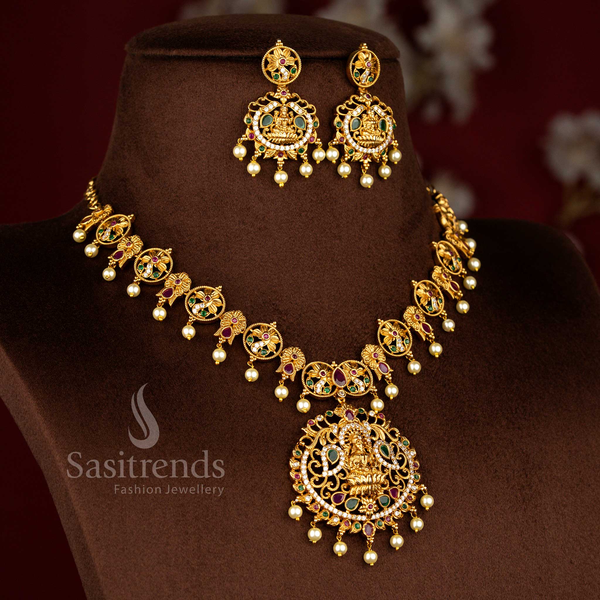 Graceful Temple Matte Gold Tone AD Lakshmi & Peacock Pearl Necklace Jewellery Set | Sasitrends 