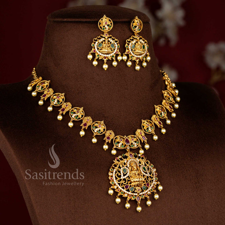 Graceful Temple Matte Gold Tone AD Lakshmi & Peacock Pearl Necklace Jewellery Set | Sasitrends