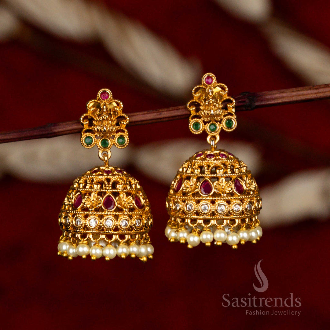 Temple Style Bridal Jhumkas Featuring Lakshmi and AD Stones - Sasitrends