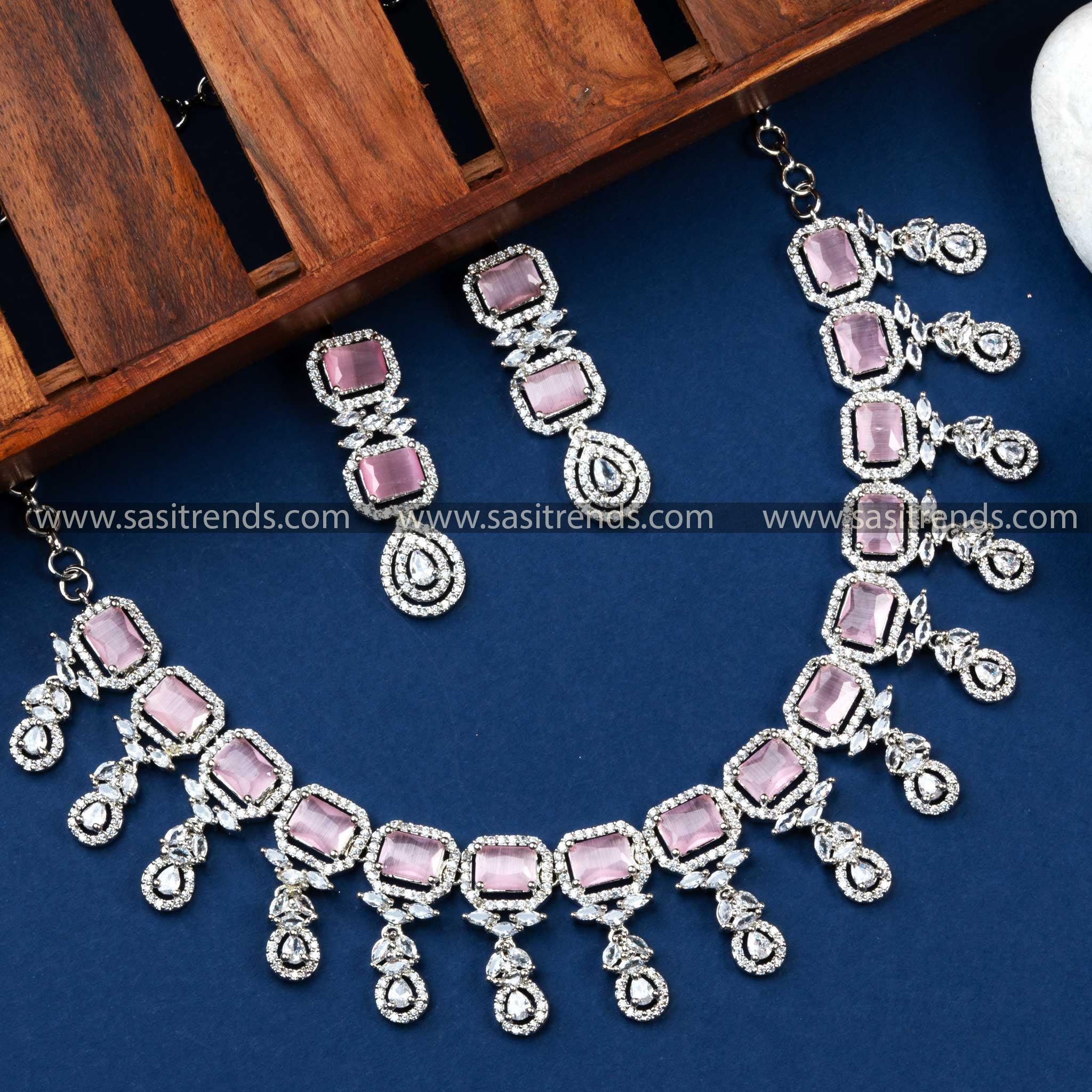 Charming Baby Pink AD Stone Necklace Set with Floral Motif - Rhodium Silver Plated, Perfect for a Soft and Elegant Look.
